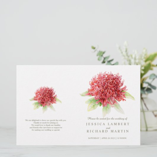 Waterverf rode waratah trouwprogramma (Staand voorkant)