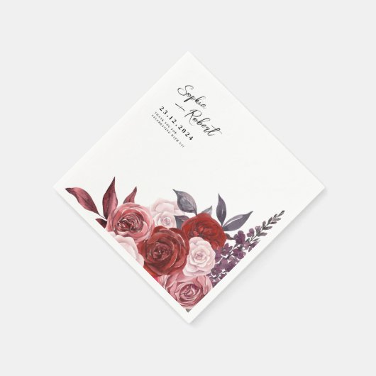 Waterverf Rode Wijn Bloem Bruiloft Persoonlijk Servet (Hoek)