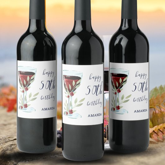 Waterverf rode wijn Roos 50e verjaardag Etiket