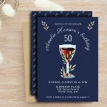 Waterverf Rode wijn Roos Navy Blue 50th Birthday Kaart<br><div class="desc">Waterverf Rode wijn Roos Navy Blue 50th Birthday Invitation. Het ontwerp heeft een waterverf rood wijnglas,  rozen en twijgen op een blauw marineklein. De tekst is wit en volledig aanpasbaar. Uitnodiging voor een vrouw of een man om te jarig te zijn.</div>