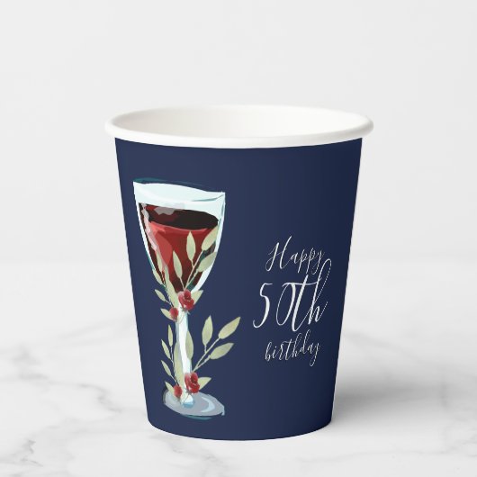 Waterverf Rode wijn Roos Navy Blue 50th Birthday Papieren Bekers (Achterkant)