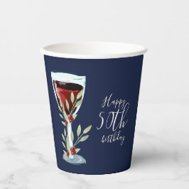 Waterverf Rode wijn Roos Navy Blue 50th Birthday Papieren Bekers
