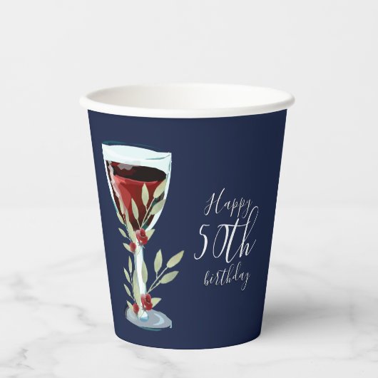 Waterverf Rode wijn Roos Navy Blue 50th Birthday Papieren Bekers (Voorkant)