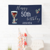 Waterverf Rode wijn Roos Navy Blue 50th Birthday Spandoek (Insitu)