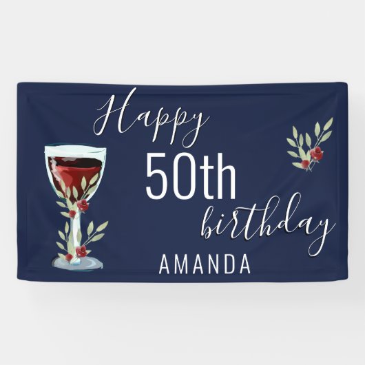 Waterverf Rode wijn Roos Navy Blue 50th Birthday Spandoek (Horizontaal)