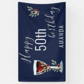 Waterverf Rode wijn Roos Navy Blue 50th Birthday Spandoek (Verticaal)
