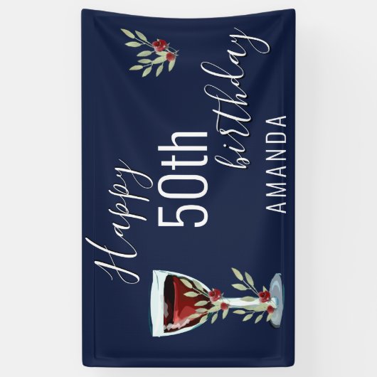 Waterverf Rode wijn Roos Navy Blue 50th Birthday Spandoek (Verticaal)