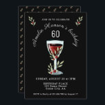Waterverf Rode wijn Roos Navy Blue 60th Birthday Kaart<br><div class="desc">Rode wijn Roos Waterverf Navy Blue 60ste verjaardag uitnodiging. Het ontwerp heeft waterverf rood wijnglas,  rozen en takjes op een zwarte achtergrond. De tekst is in het wit en is volledig aanpasbaar. Elegante en rustieke zestigste verjaardagsuitnodiging voor een vrouw of een man.</div>