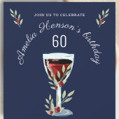 Waterverf Rode wijn Roos Navy Blue 60th Birthday Kaart