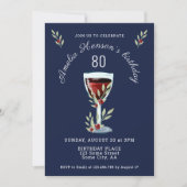Waterverf Rode wijn Roos Navy Blue 80th Birthday Kaart (Voorkant)