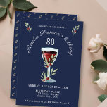 Waterverf Rode wijn Roos Navy Blue 80th Birthday Kaart<br><div class="desc">Waterverf Rode wijn Roos Navy Blue 80th Birthday Invitation. Het ontwerp heeft een waterverf rood wijnglas,  rozen en twijgen op een blauw marineklein. De tekst is wit en volledig aanpasbaar. Elegant en rustisch 80ste verjaardag uitnodiging voor een vrouw of een man.</div>