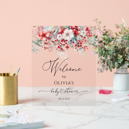 Waterverf Rode Winter Bloemen Baby shower Welkom Acryl Bord (Huwelijk)
