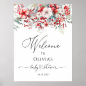 Waterverf Rode Winter Bloemen Baby shower Welkom Poster (Voorkant)