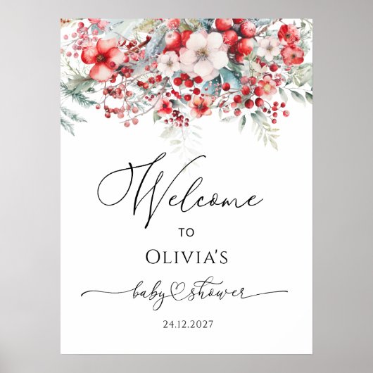 Waterverf Rode Winter Bloemen Baby shower Welkom Poster (Voorkant)