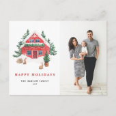 Waterverf Rode Winter Cottage Woodland Foto Feestdagenkaart (Voorkant)