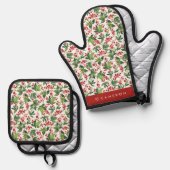 Waterverf Rode Winterberry en groen Kerstmis Ovenwant & Pannenlap Set (Voorkant / Achterkant)