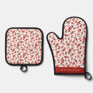 Waterverf Rode Winterberry Pattern Christmas Ovenwant & Pannenlap Set