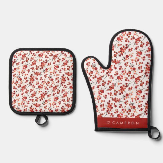 Waterverf Rode Winterberry Pattern Christmas Ovenwant & Pannenlap Set (Voorkant)