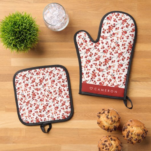 Waterverf Rode Winterberry Pattern Christmas Ovenwant & Pannenlap Set (Top down)