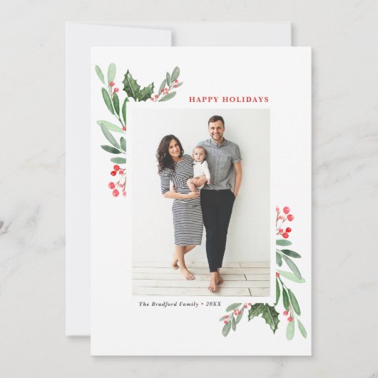 Waterverf rode winterbes en Holly foto Feestdagenkaart (Voorkant)