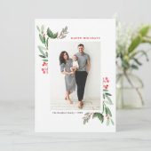 Waterverf rode winterbes en Holly foto Feestdagenkaart (Staand voorkant)