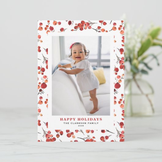 Waterverf rode winterbes kerstfoto feestdagenkaart (Staand voorkant)