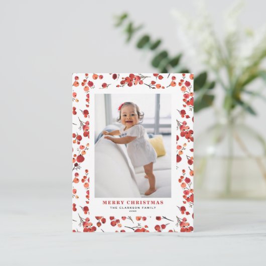 Waterverf rode winterbes kerstfoto feestdagenkaart (Staand voorkant)