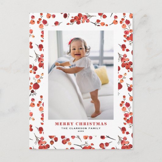 Waterverf rode winterbes kerstfoto feestdagenkaart (Voorkant)