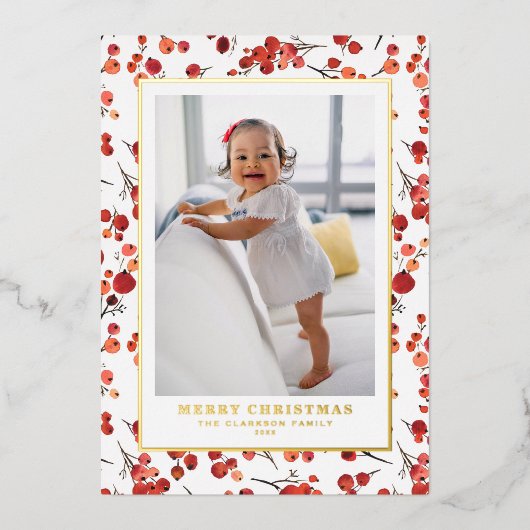 Waterverf rode winterbes kerstfoto folie feestdagenkaart (Voorkant)
