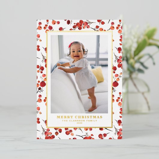 Waterverf rode winterbes kerstfoto folie feestdagenkaart (Staand Voorkant)