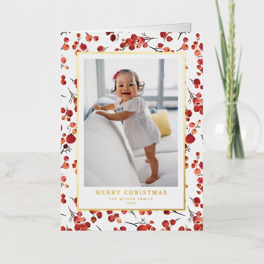 Waterverf rode winterbes kerstfoto folie feestdagenkaart (Voorkant)
