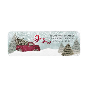 Waterverf Rode wintertruck Joy Holiday Etiket