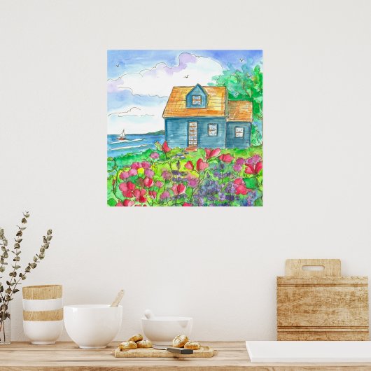 Waterverf rode zoete erwten met zeeoppervlak poster (Keuken)