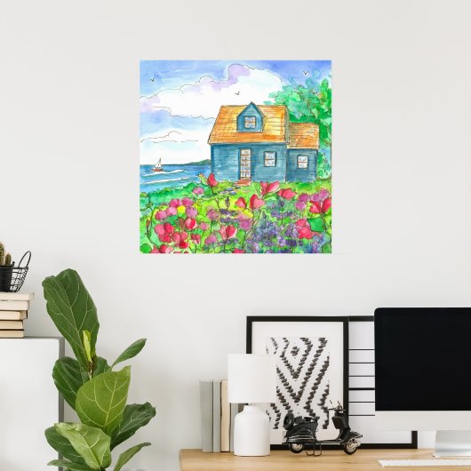 Waterverf rode zoete erwten met zeeoppervlak poster (Thuiskantoor)