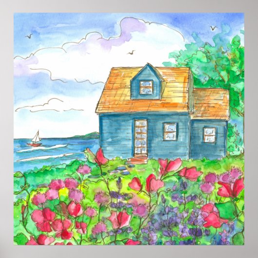 Waterverf rode zoete erwten met zeeoppervlak poster (Voorkant)