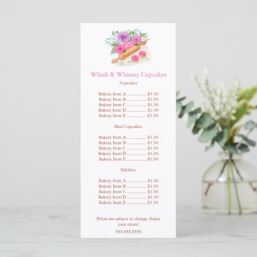 Waterverf Rolling Pin Rozen Cupcake Prijs Menu (Staand voorkant)