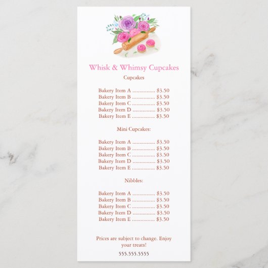 Waterverf Rolling Pin Rozen Cupcake Prijs Menu (Voorkant)
