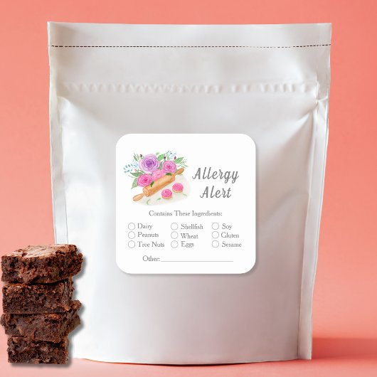 Waterverf Rolling Pin Rozen Pastry Allergy Alert Vierkante Sticker