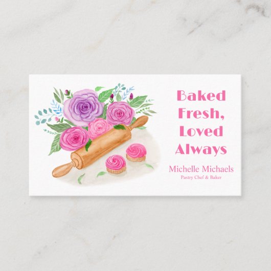 Waterverf Rolling Pin Rozen Pastry Chef Baker Visitekaartje (Voorkant)
