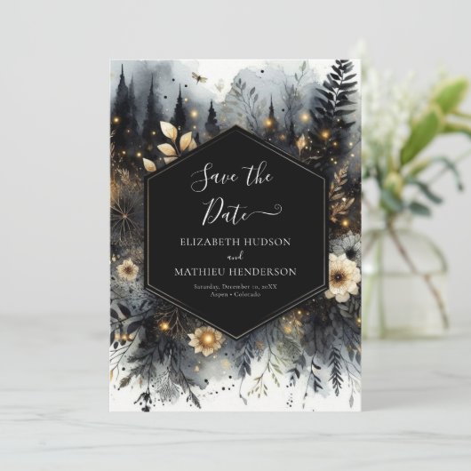 Waterverf Romance betoverd bos bruiloft Save The Date (Staand voorkant)