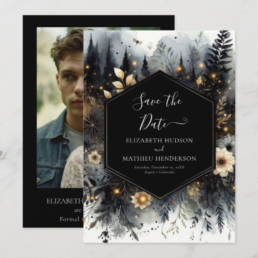 Waterverf Romance betoverd bos bruiloft Save The Date (Voorkant / Achterkant)