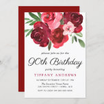 Waterverf Romantic Red Roses 90e verjaardag Kaart<br><div class="desc">Waterverf Romantic Red Roses Womans 90th Birthday Party Invitation Zie passend collectie in opslag</div>