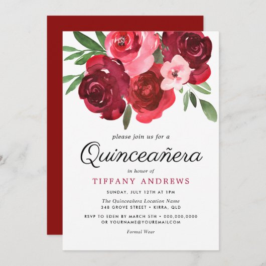 Waterverf Romantic Red Roses Quinceanera Invite Kaart (Voorkant / Achterkant)
