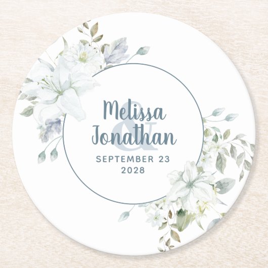 Waterverf romantische bloemetjes bruiloft ronde kartonnen onderzetter (Voorkant)