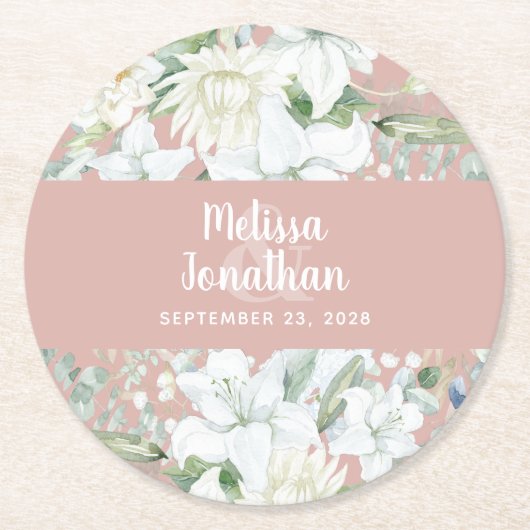 Waterverf romantische bloemetjes bruiloft ronde kartonnen onderzetter (Voorkant)