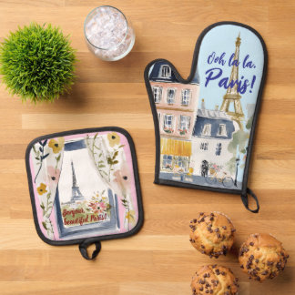 Waterverf Romantische Keuken Kunst Parijs Ovenwant & Pannenlap Set