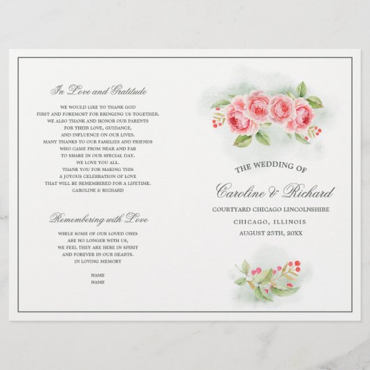 Waterverf Romantische Rozen Folded Wedding Program (Voorkant)