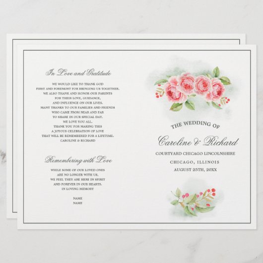 Waterverf Romantische Rozen Folded Wedding Program (Voorkant / Achterkant)