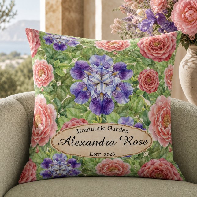 Waterverf Romantische Tuin Roos Iris Pioenroos Kussen (Creator heeft geüpload)