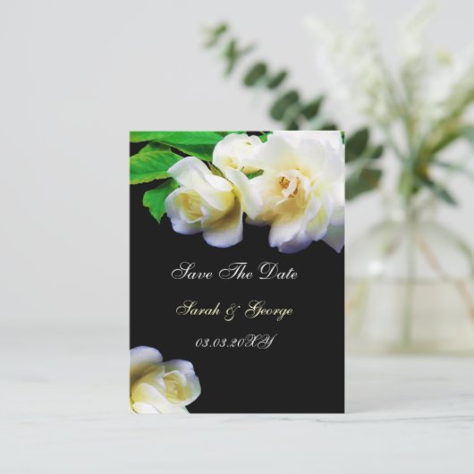 waterverf romantische witte roos save the date aankondigingskaart (Staand voorkant)